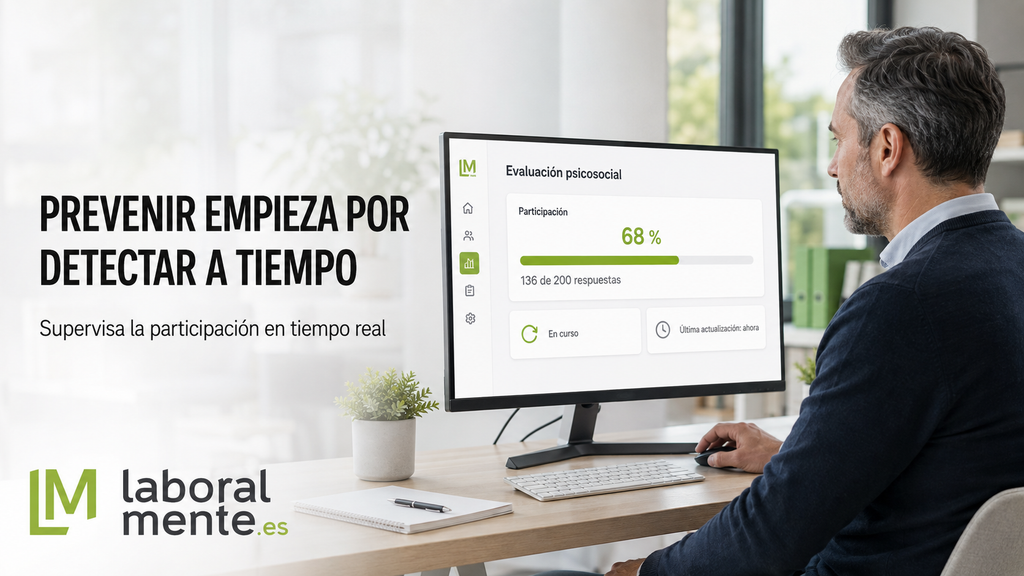 Técnico de prevención controlando en tiempo real el porcentaje de participación y las respuestas recibidas durante una evaluación de riesgos psicosociales.